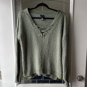 Rue21 Olive V-Neck Sweater with Lace-Up Detail